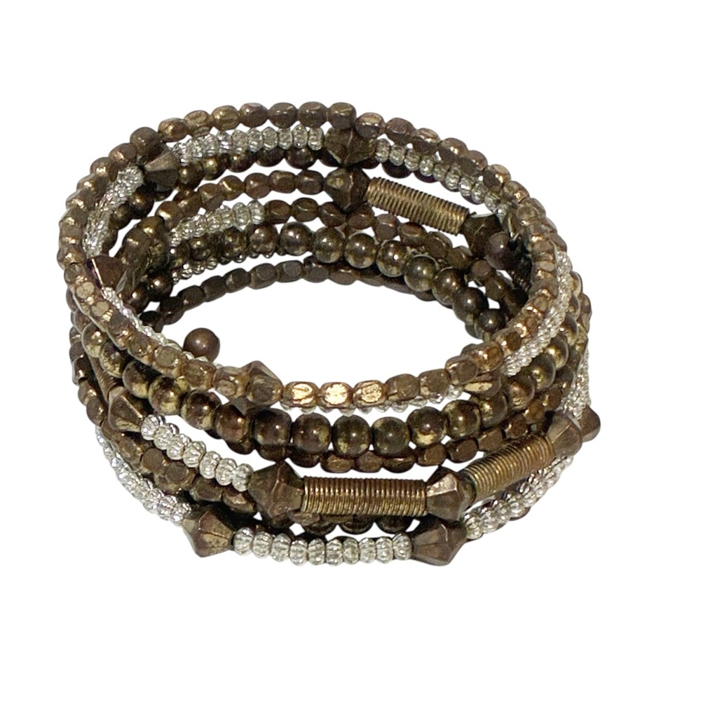 Gold Bronze Brown Glass and Acrylic Bead Coiled Flex Spring‎ Arm Wrap Bracelet